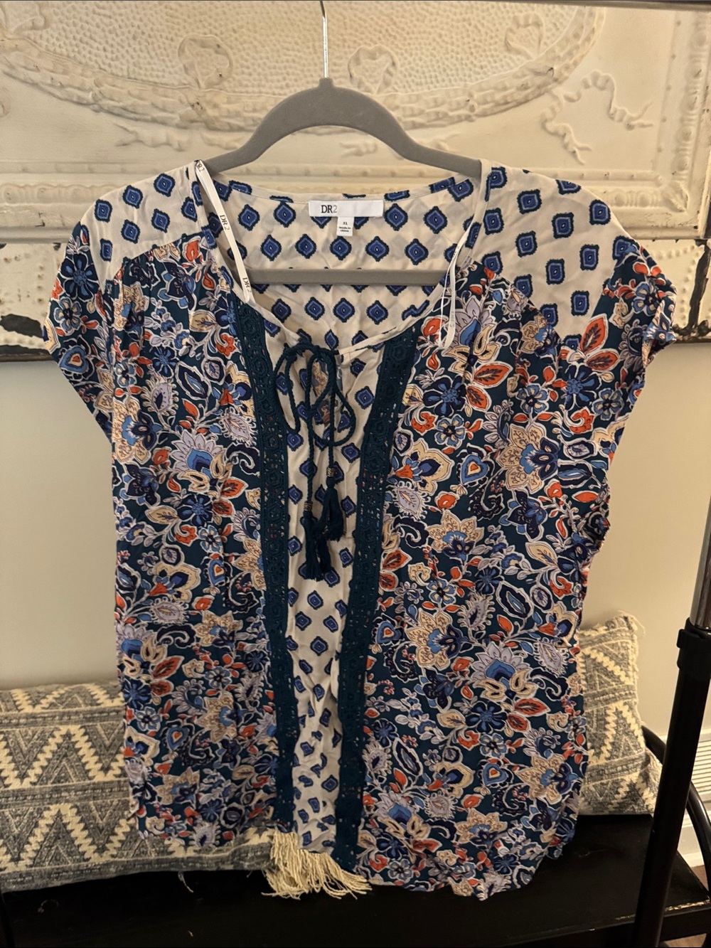 DR2 Navy, Ivory & Rust Floral Lace-Up Boho Top
